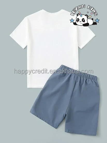 LEZONKIDS - Customizable Hot Sale 2 Piece Sets Cartoon Print Round Neck Short Sleeve Tee Shirts Plaid Shorts for Boys